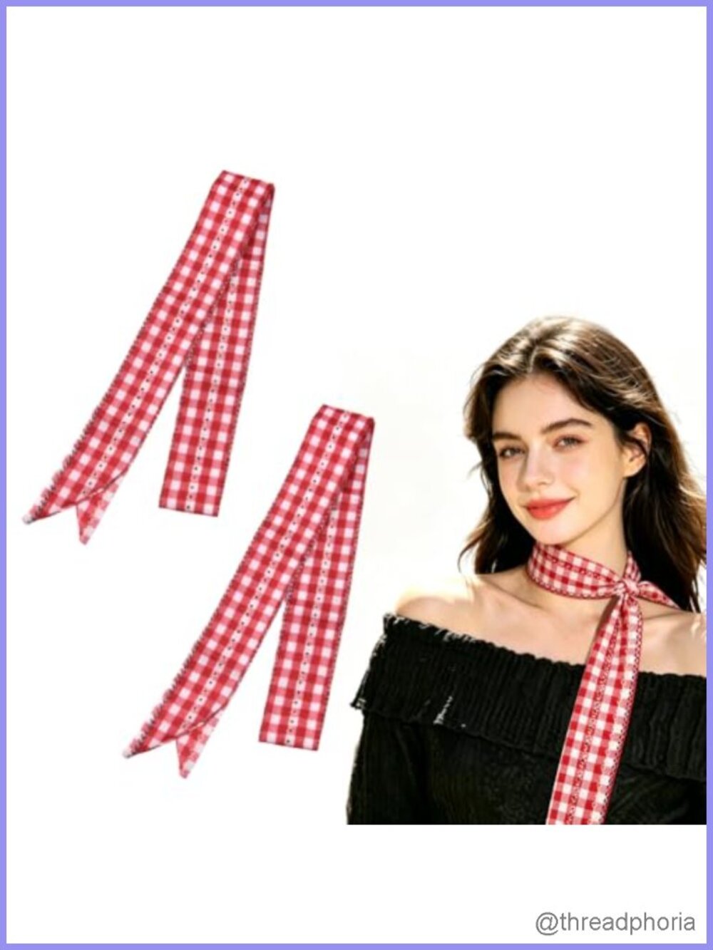 Silk Satin Skinny Neck Scarf Extra Long Gingham Plaid 2 Pack Hair Scarf Handbag